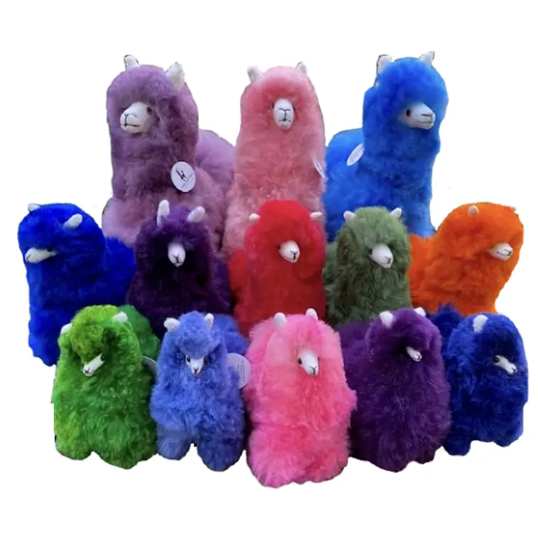Colorful alpaca plush animals in assorted sizes from Blue Meadow Llamas